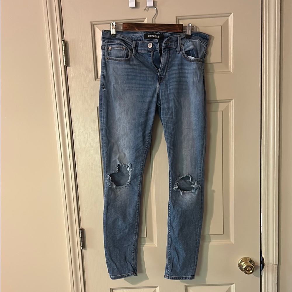 Express Blue Skinny Jeans with Distressed Details
